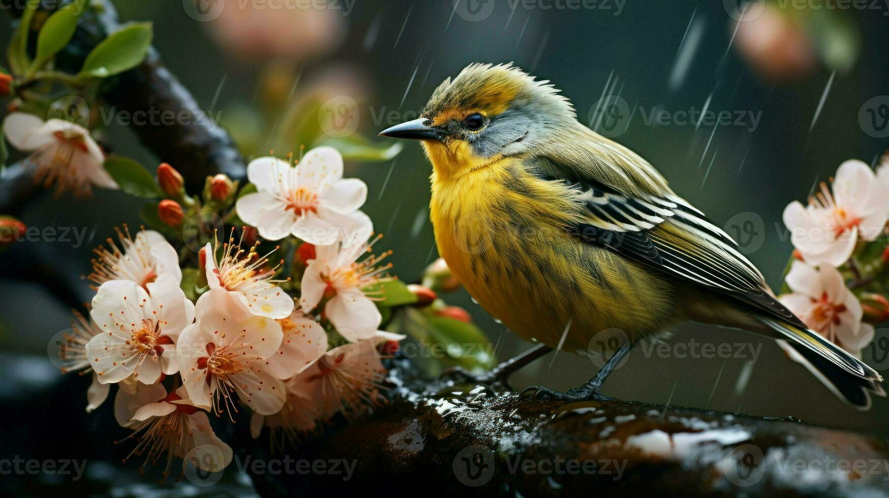 Close-up of a bird among blossoming flowers.. Generative AI photo