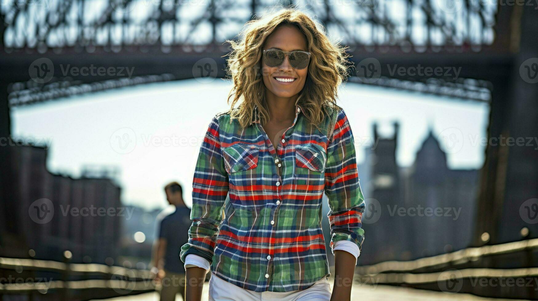 Stylish woman in checkered shirt outdoors.. Generative AI photo