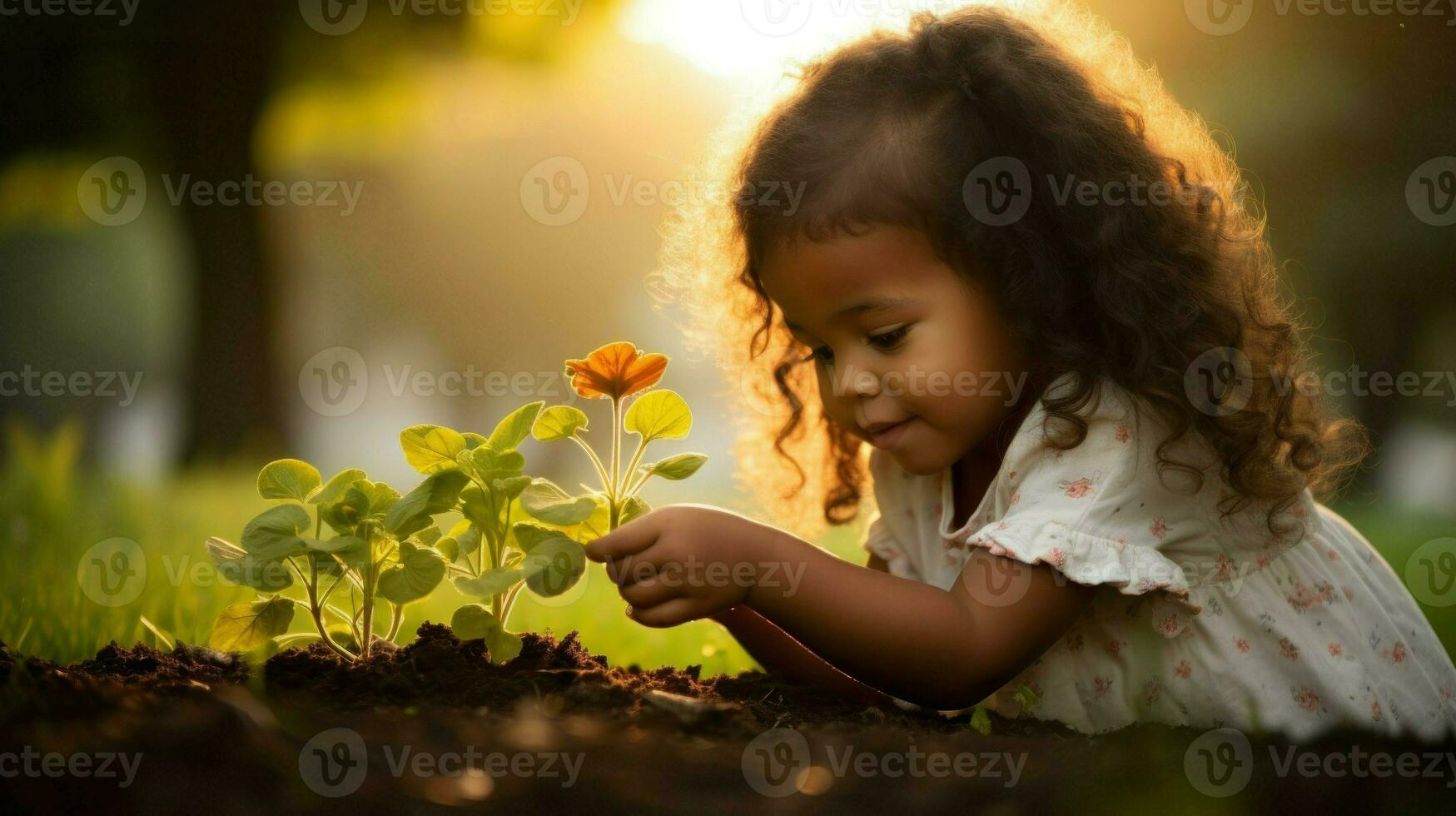 Little girl gently touches a young plant in sunlight. Generative AI photo