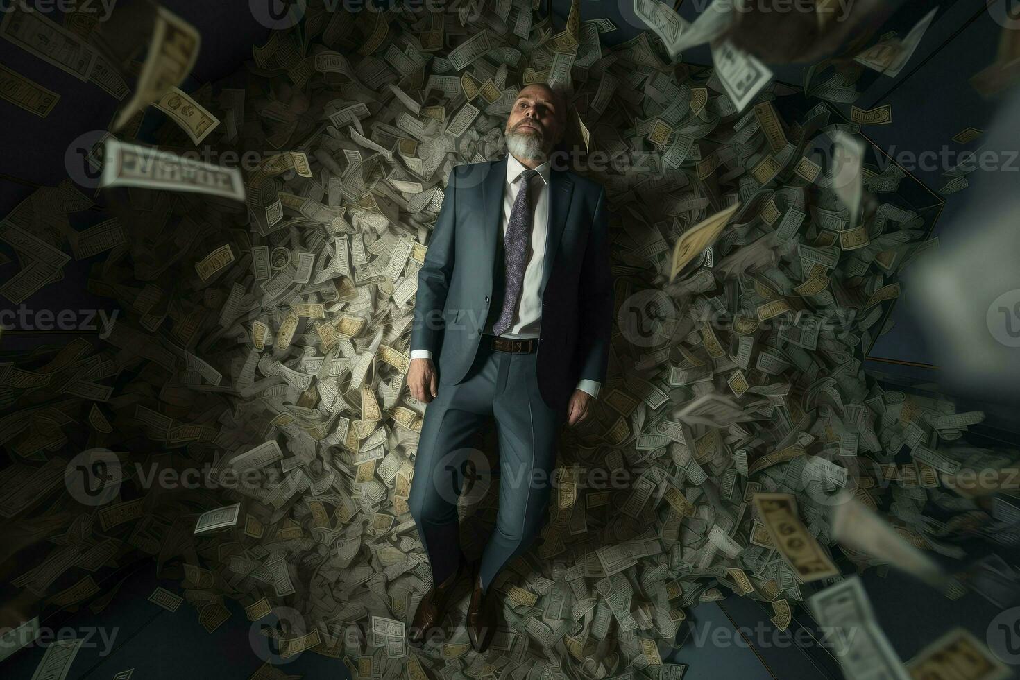 Man on money floor photo. Generate Ai photo