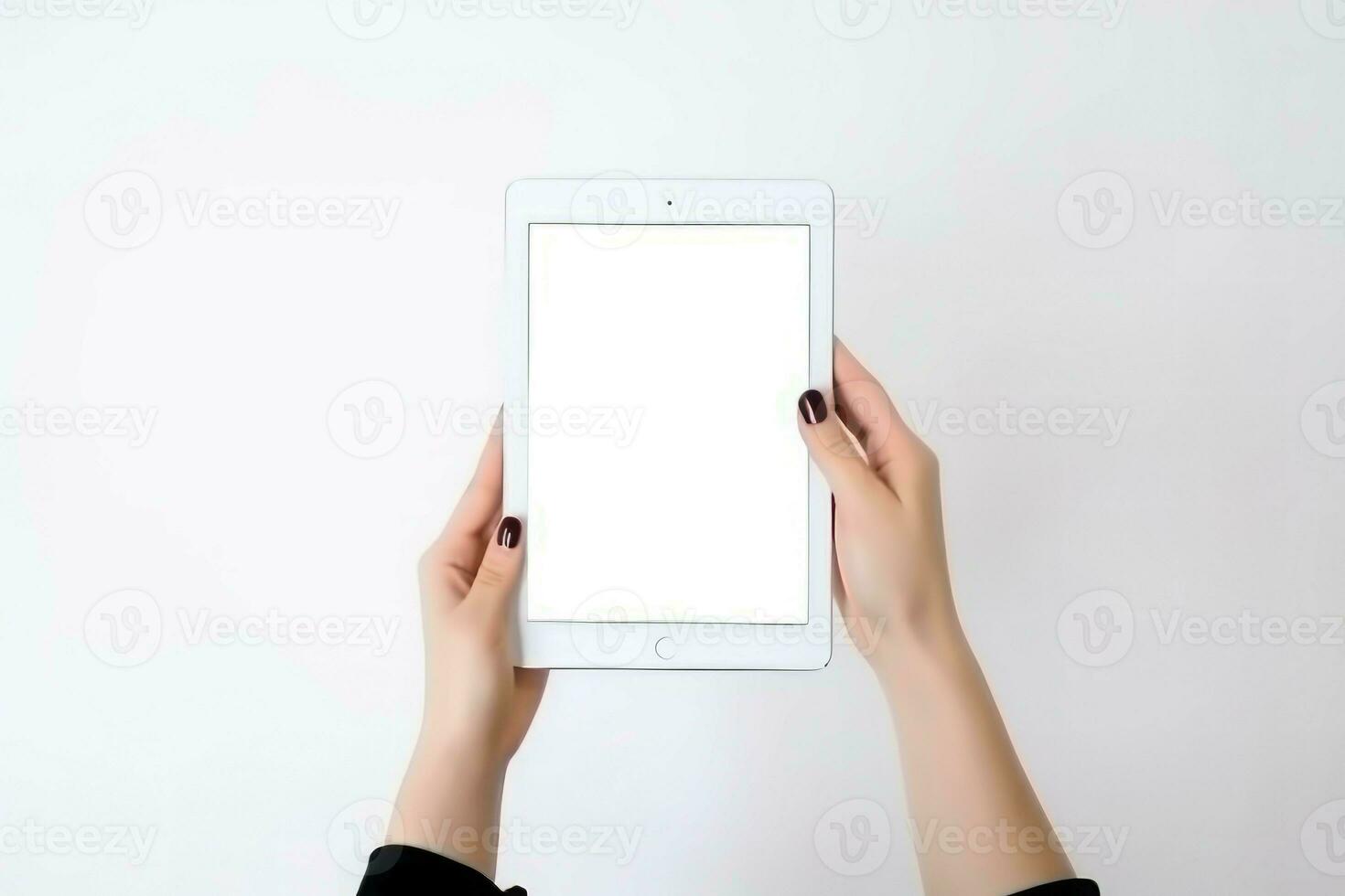 Woman take blank tablet. Generate Ai photo