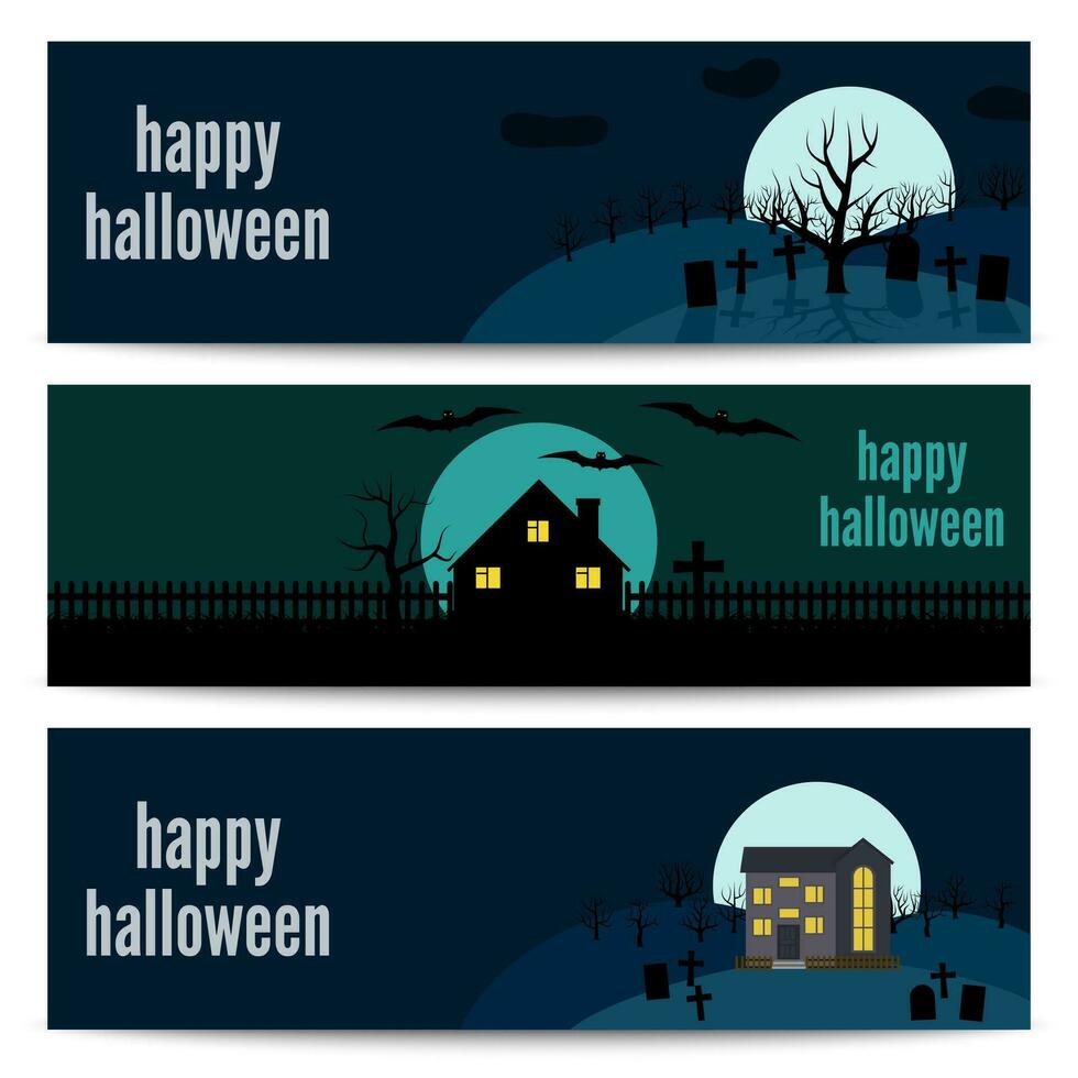Horizontal banners set with lonely house on the background of the moon and the inscription Happy Halloween. Vector illustration