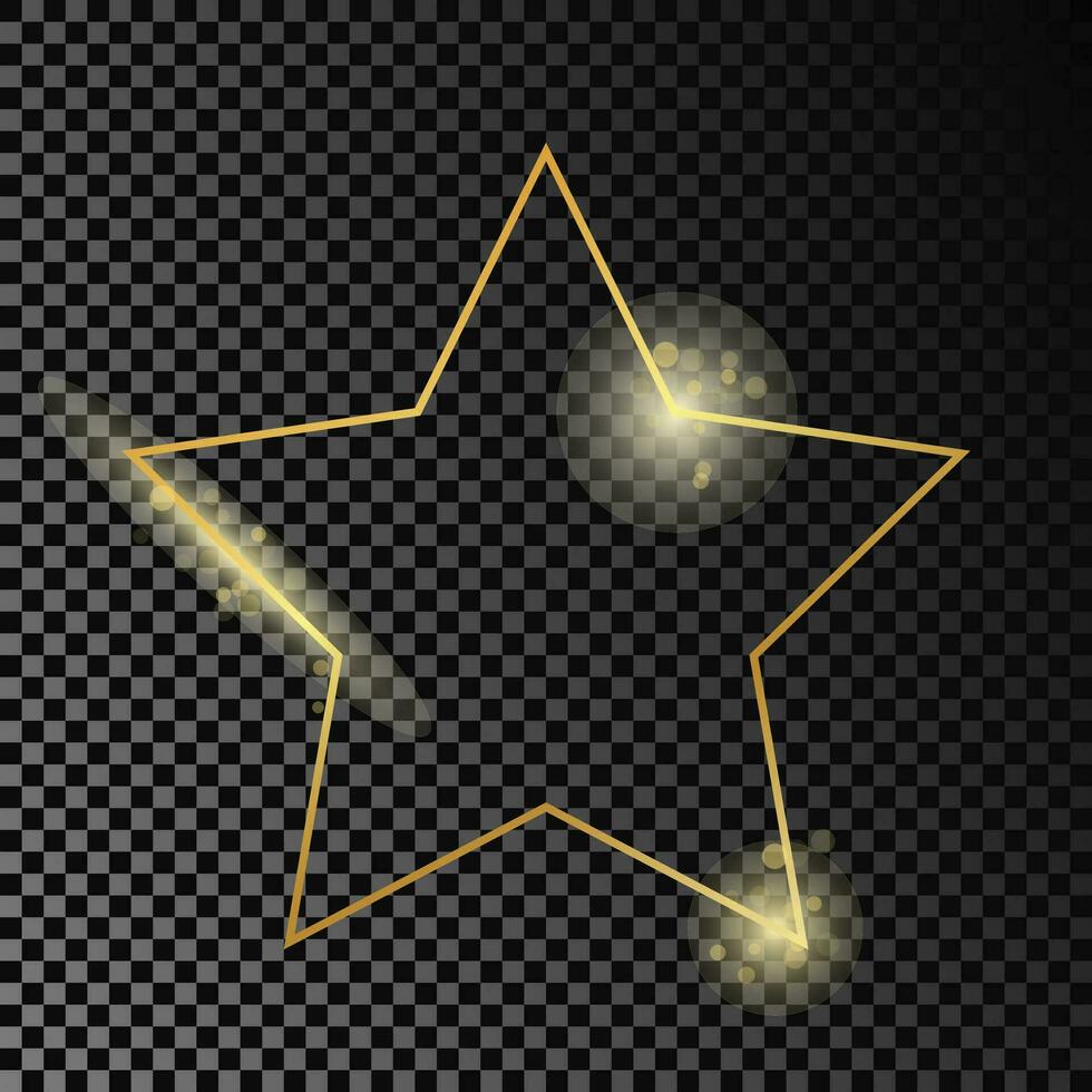 Gold glowing star shape frame isolated on dark background. Shiny frame with glowing effects. Vector illustration.