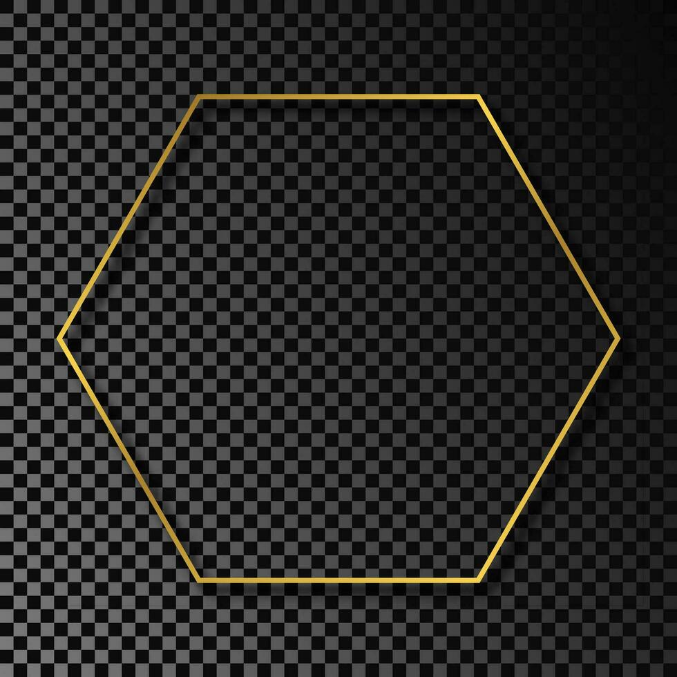 Gold glowing hexagon frame with shadow isolated on dark background. Shiny frame with glowing effects. Vector illustration.