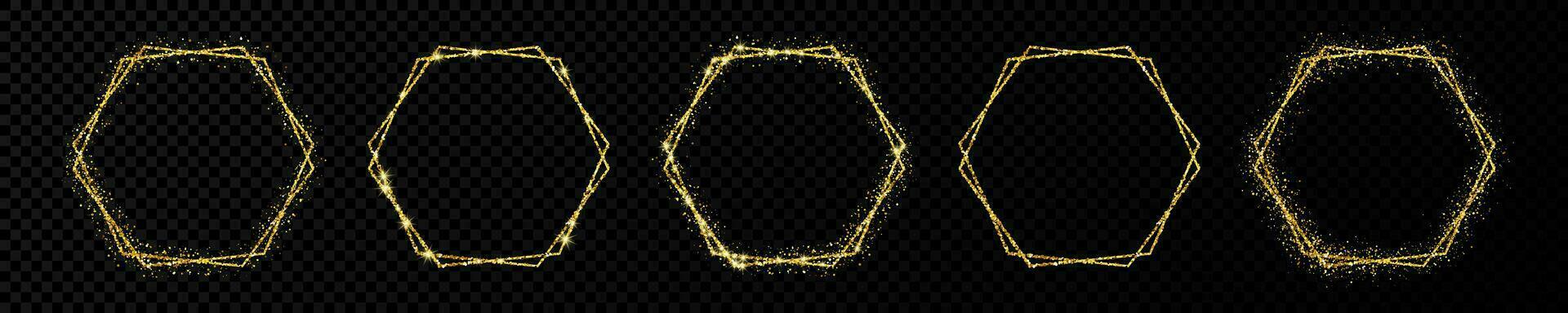 Set of five gold double hexagon frames. Modern shiny frame with light effects isolated on dark background. Vector illustration.