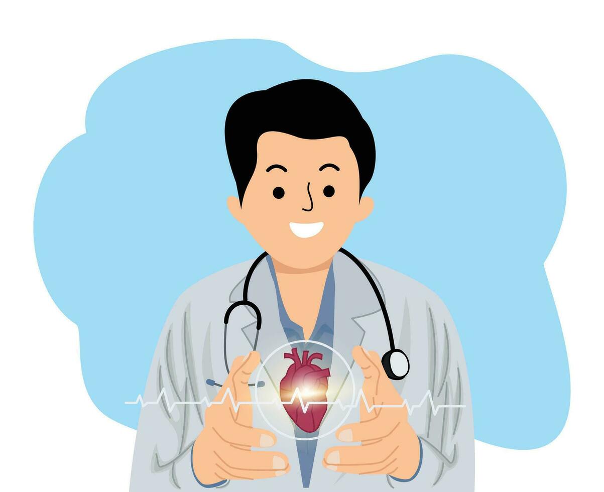 male doctor hold human heart in hands virtual screen vector