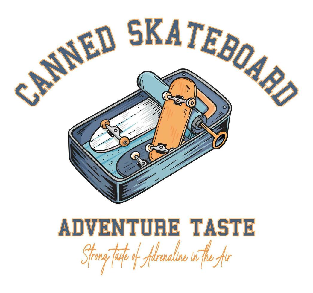 Vector illustration of box of sardines with skateboards. College-style lettering artwork. Design for prints on t-shirts, posters and etc.