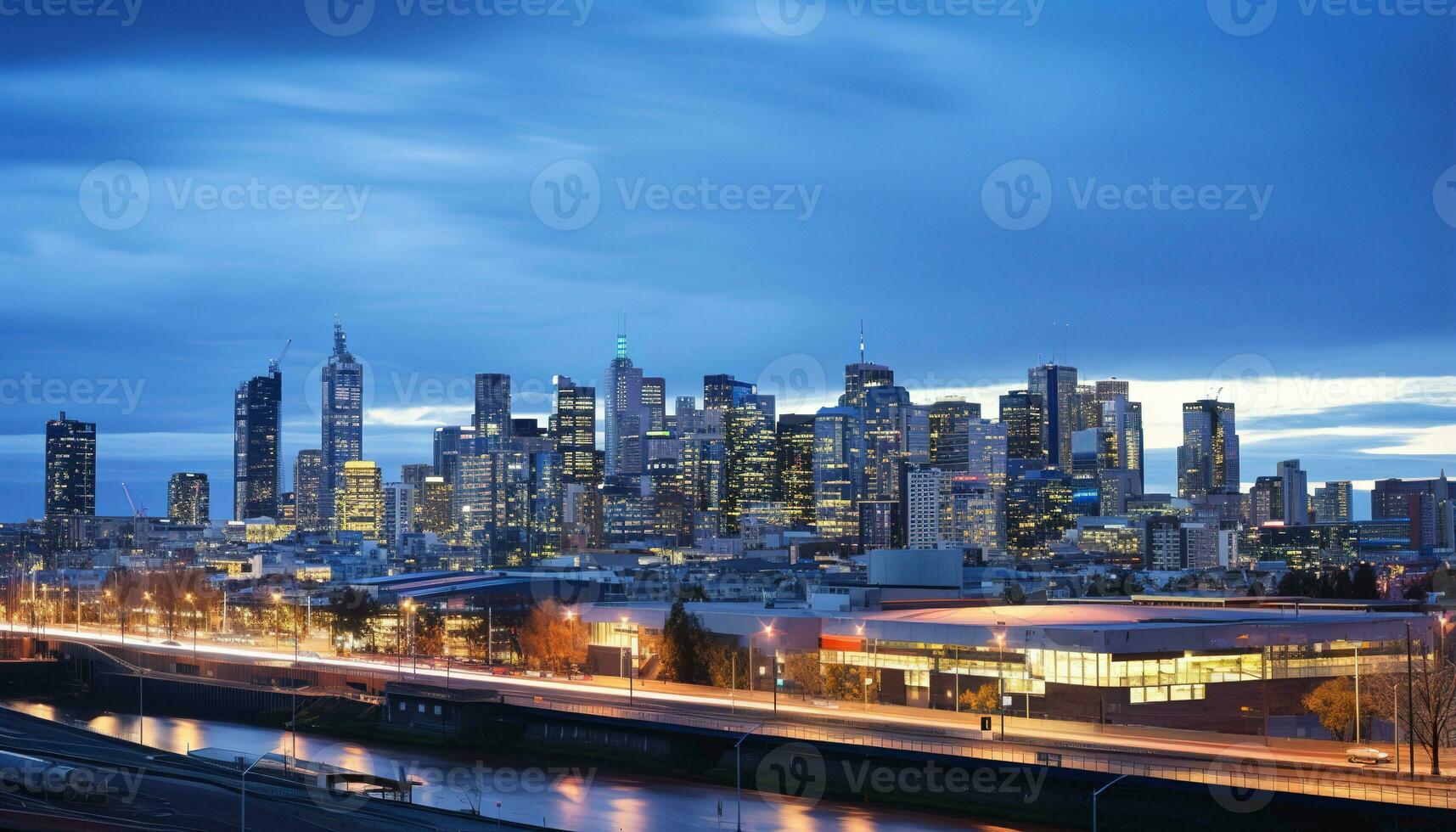 romantic city skyline in the evening dusk sunset with cloudy sky above AI generated photo