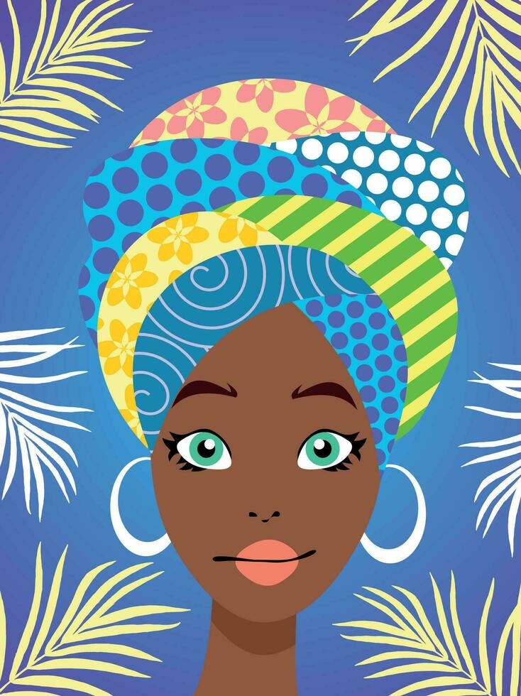 Vector colorful illustration of stylized woman face with colorful turban.