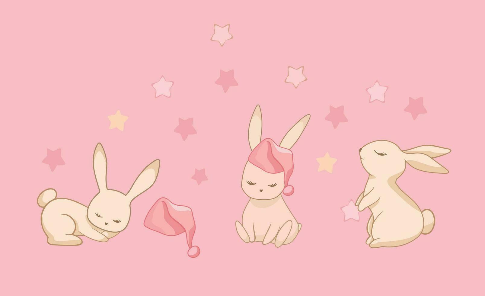 Vector illustration of rabbits with a hat and stars around them. Delicate art in soft tones.