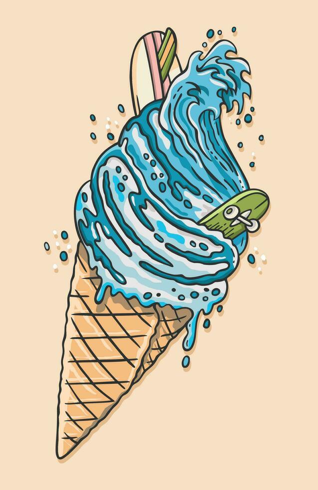 Vector illustration of ice cream cone with waves, skateboard and surfboard. Surreal art in a stripped-back style. Design for prints, decoration, stickers and etc...