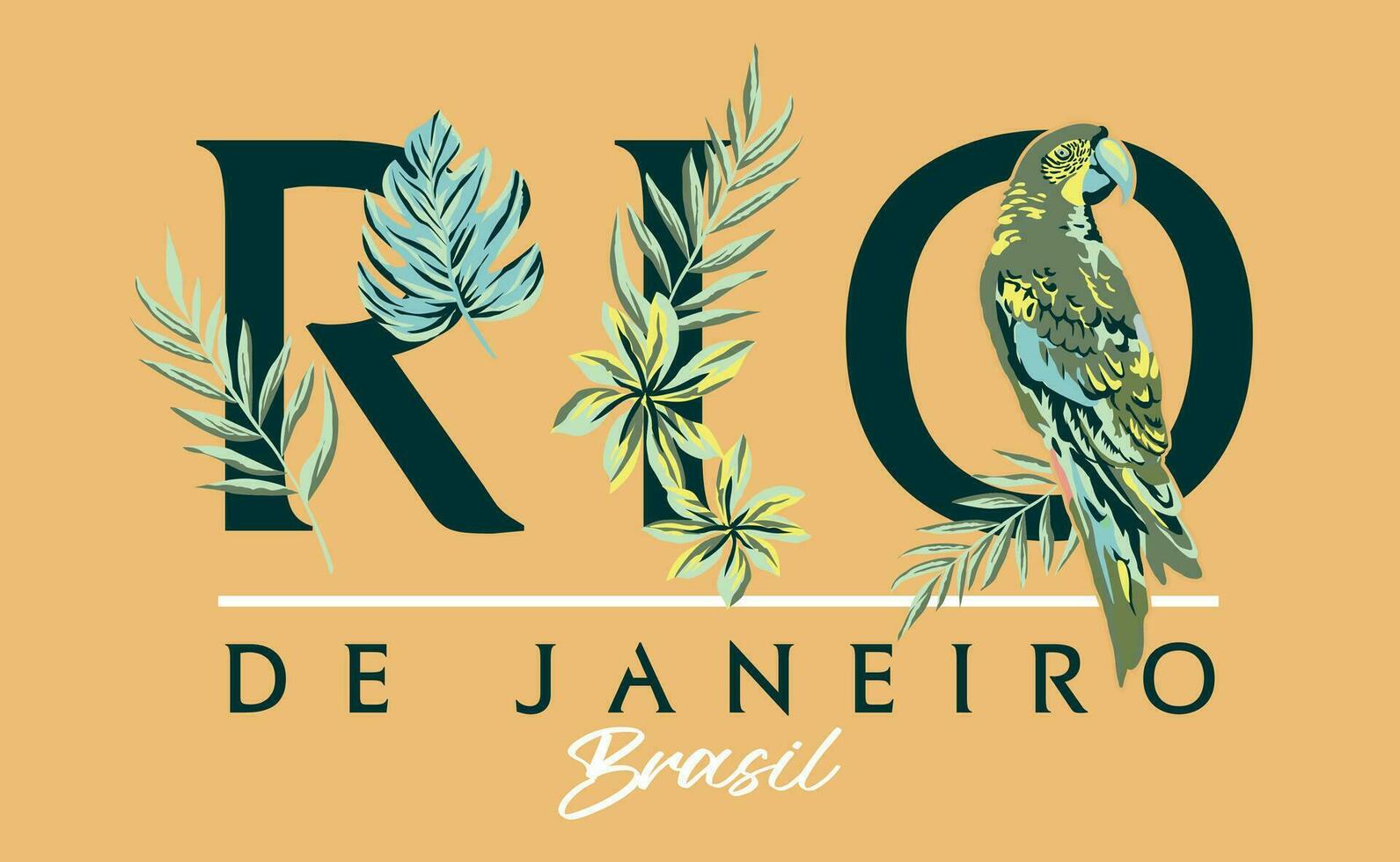 Vector illustration of leaves, flowers and macaw with the word Rio de Janeiro in the background.