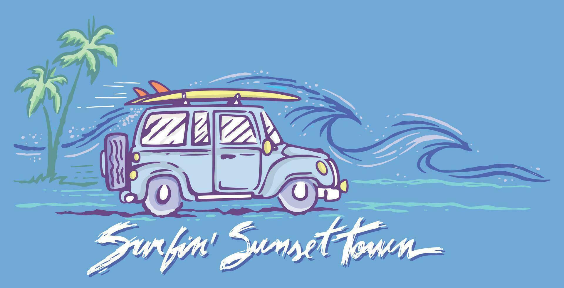 Hand drawn vector illustration of surfer car in coastal landscape. Art in cartoon style with simple lines.