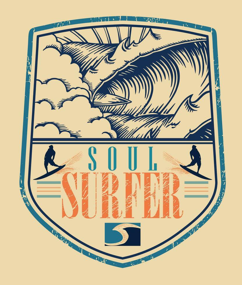 vector ilustración de emblema con surf elementos. Arte para impresión en camisetas, etc.