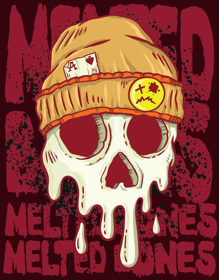 Stripped cartoon style vector illustration of melting skull. Art with text and texture in the background. Editable design for printing on t-shirts, posters, etc.