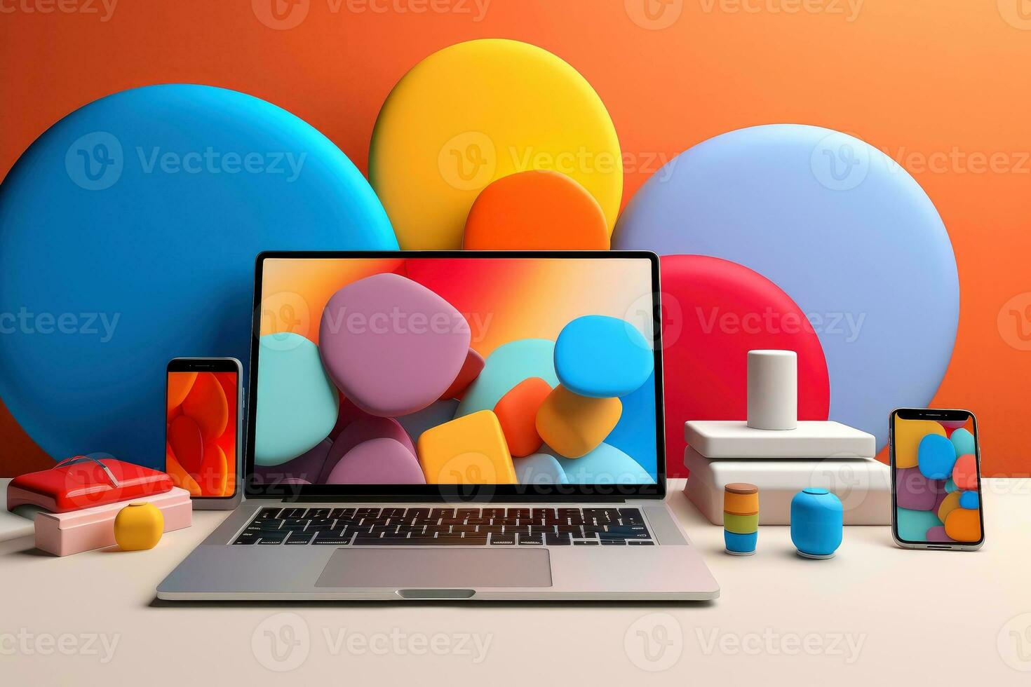 Mockup of beautiful laptop with multicolor background, Generative AI illustration photo