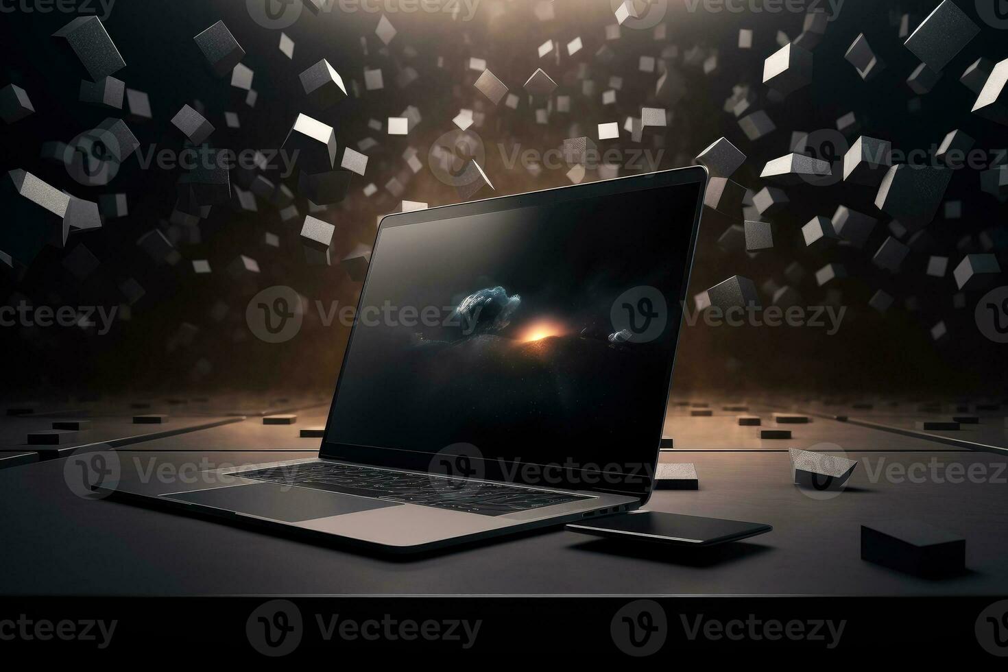 Mockup of beautiful laptop with multicolor background, Generative AI illustration photo