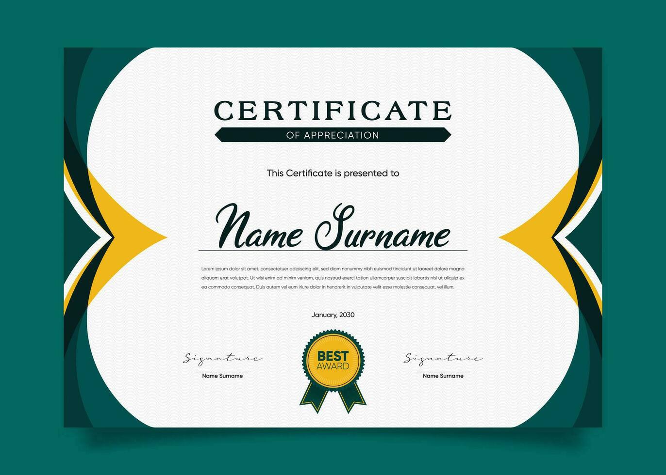 Appreciation and Achievement Certificate Template Design. Clean modern abstracts, ornaments, and certificates. Diploma Certificate vector template, certificate of achievement with badge.