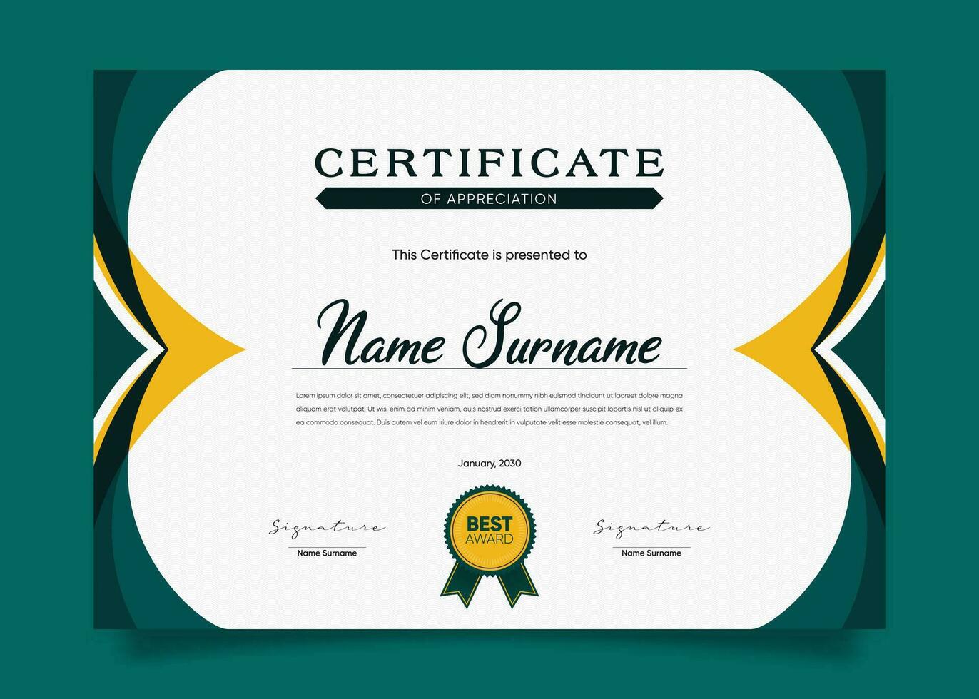 Appreciation and Achievement Certificate Template Design. Clean modern abstracts, ornaments, and certificates. Diploma Certificate vector template, certificate of achievement with badge.