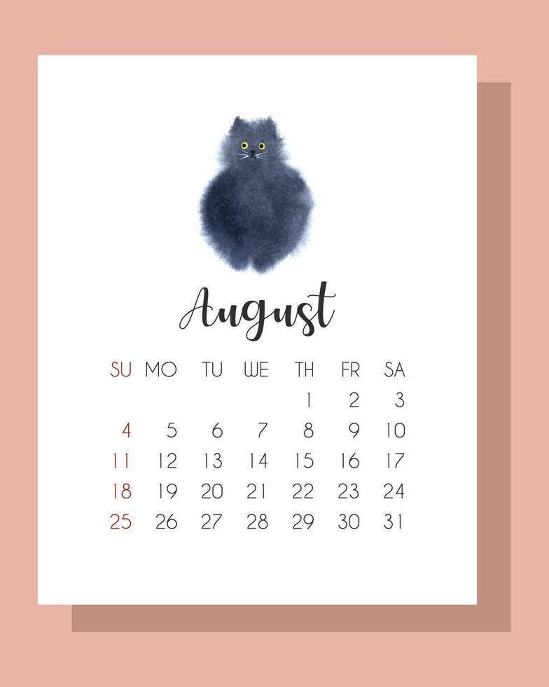 August calendar 2024 with hand drawn watercolor black cat. Calendar 2024. Summer calendar 2024 with cute, fluffy cat. vector