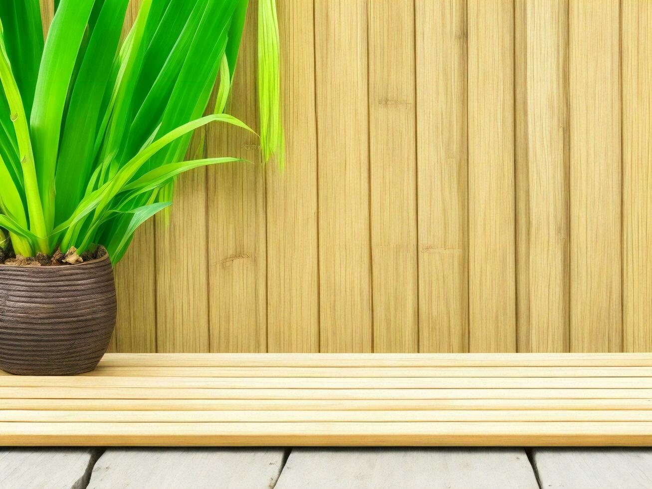 Wooden table on bamboo plant background ai generated photo