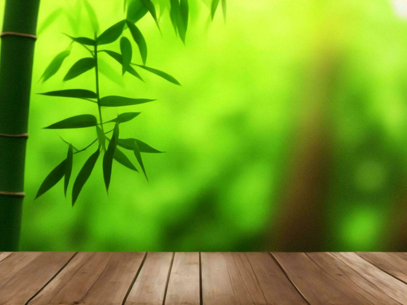 Wooden table on bamboo plant background ai generated photo