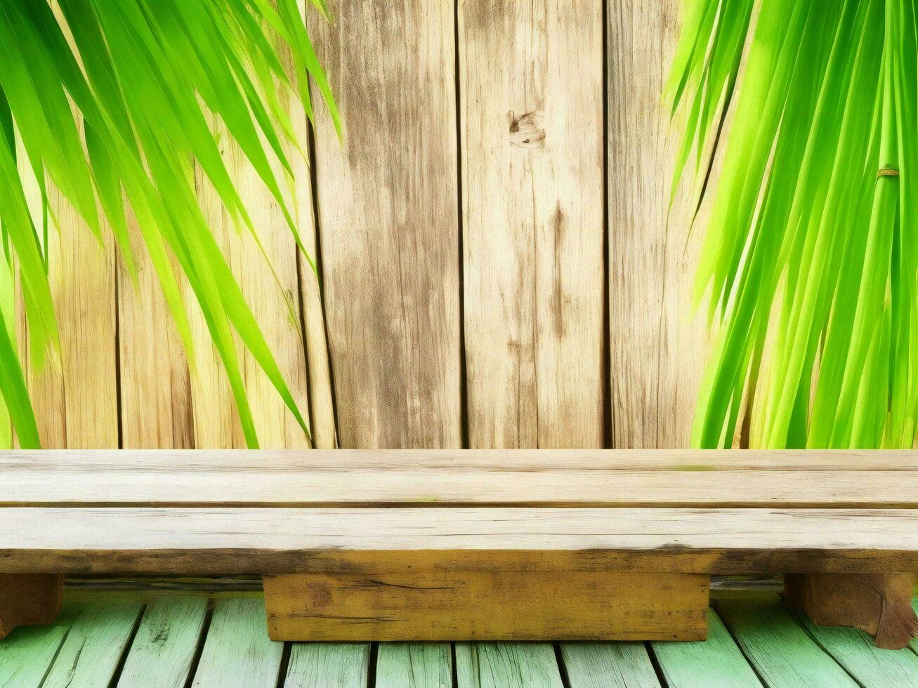 Wooden table on bamboo plant background ai generated photo