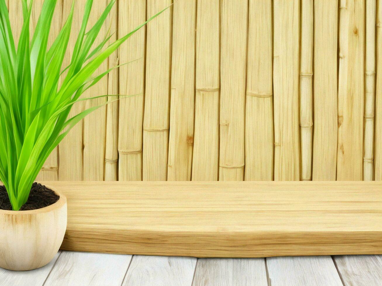 Wooden table on bamboo plant background ai generated photo