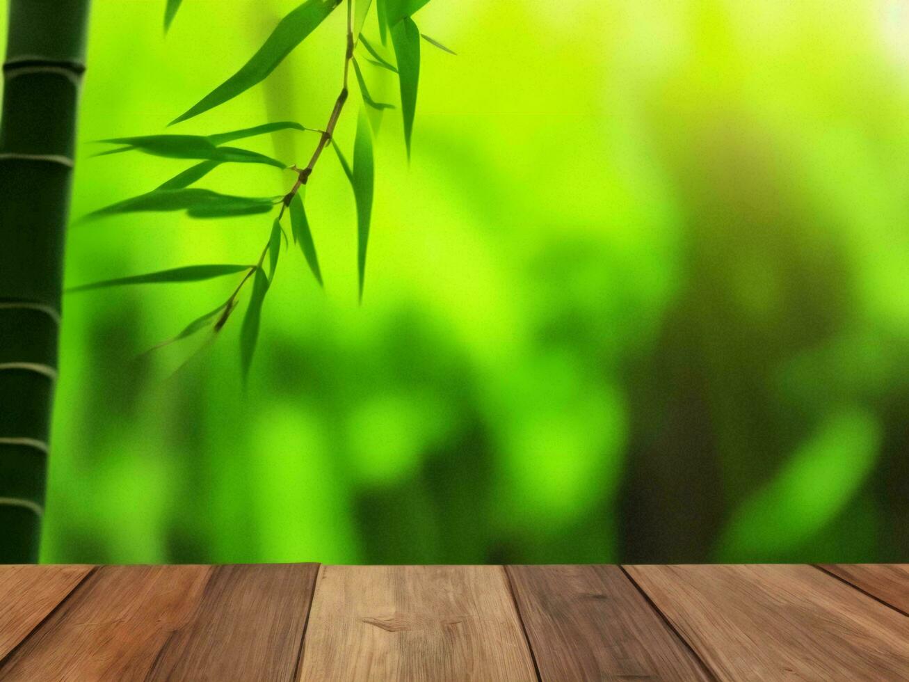 Wooden table on bamboo plant background ai generated photo