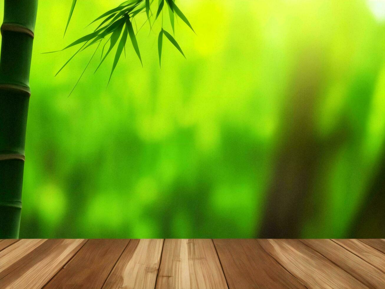 Wooden table on bamboo plant background ai generated photo