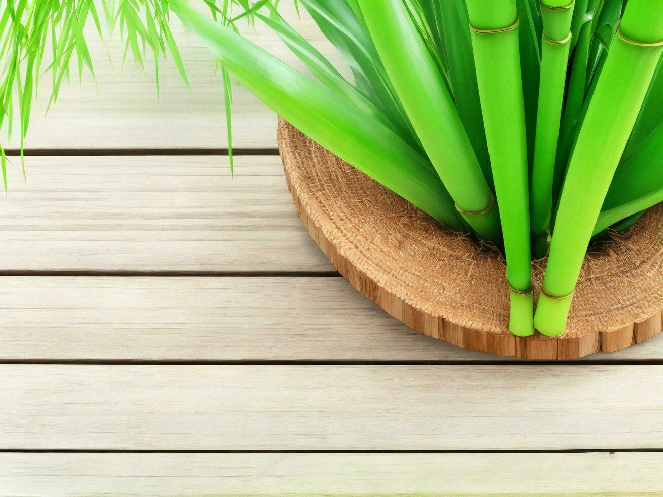 Wooden table on bamboo plant background ai generated photo