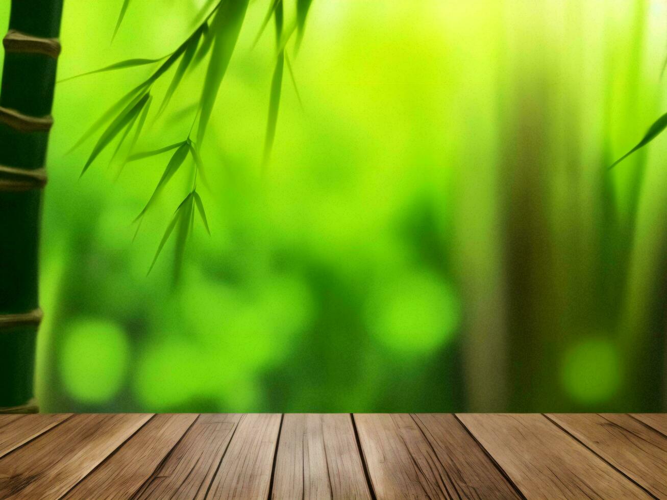 Wooden table on bamboo plant background ai generated photo