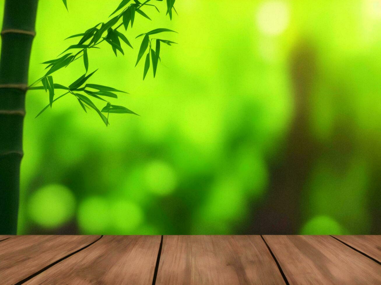Wooden table on bamboo plant background ai generated photo
