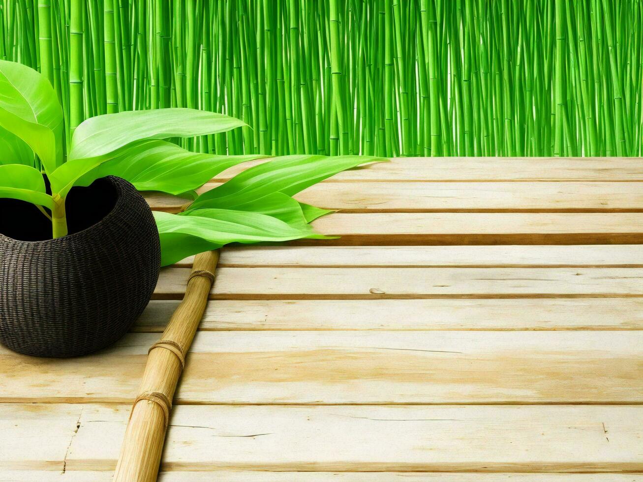 Wooden table on bamboo plant background ai generated photo