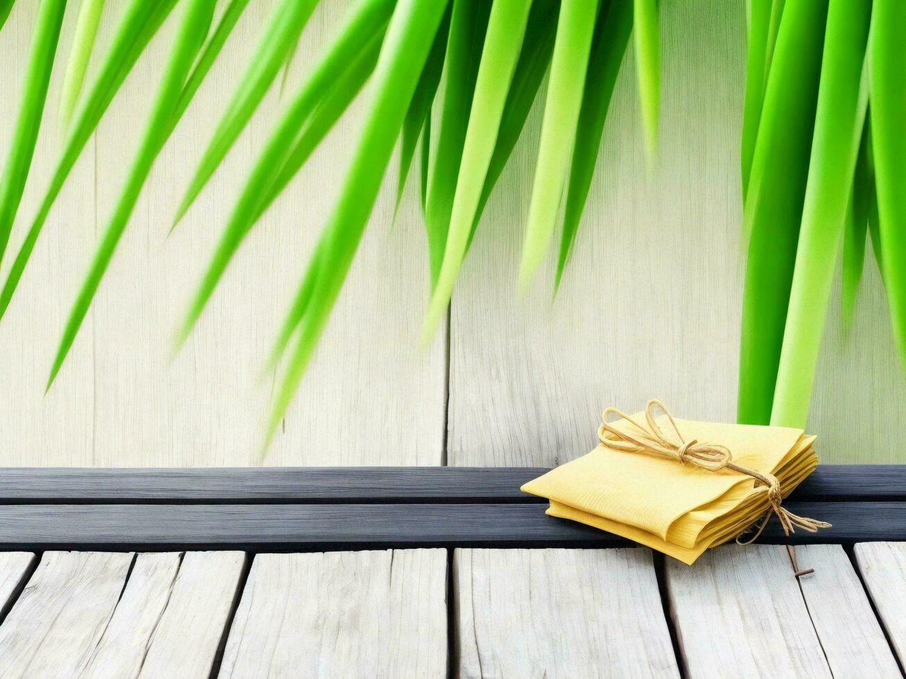 Wooden table on bamboo plant background ai generated photo