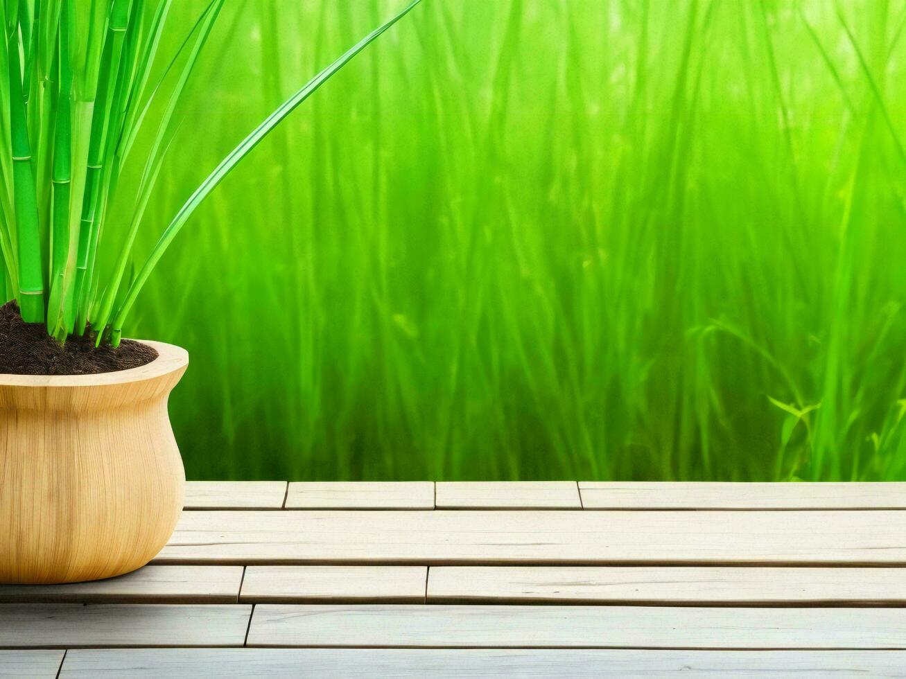 Wooden table on bamboo plant background ai generated photo