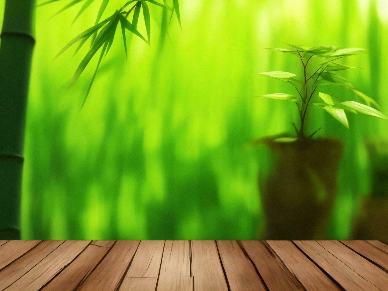 Wooden table on bamboo plant background ai generated photo