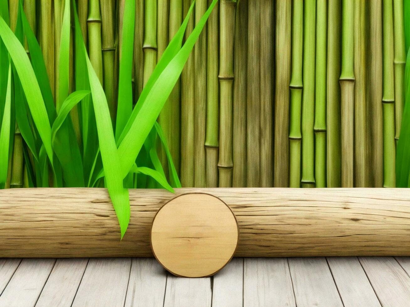 Wooden table on bamboo plant background ai generated photo