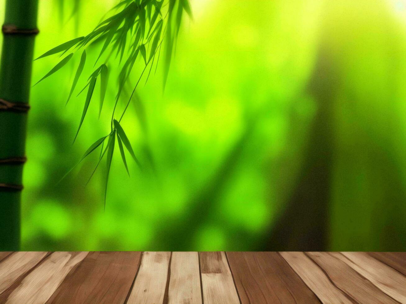Wooden table on bamboo plant background ai generated photo