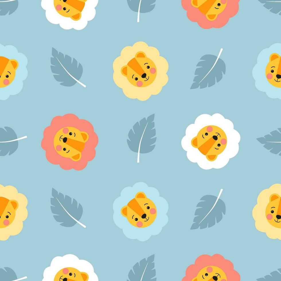 Cute lion pattern. Childish seamless print with cute little animals heads for kids textile, wrapping paper, wallpaper, apparel. Vector illustration