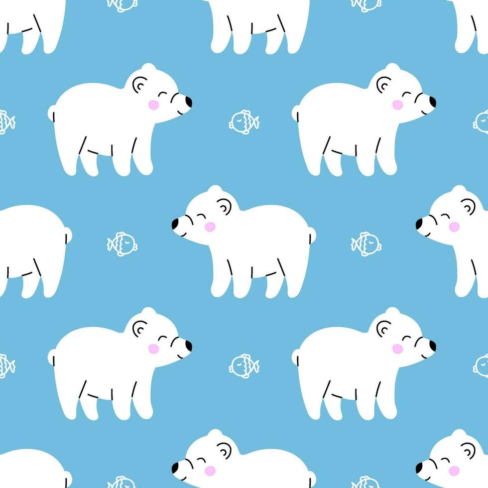 linda sin costura invierno modelo con joven ártico polar osos animales, peces en brillante azul antecedentes. dibujos animados vector impresión para niños textil, vestir, fondo de pantalla, embalaje diseño