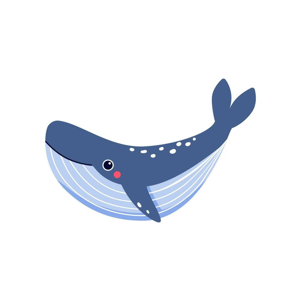 Cute baby whale swimming underwater. Funny summer sea animal vector illustration drawn in flat style