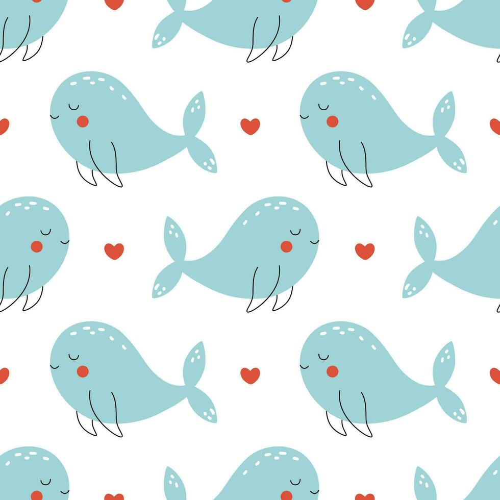 Cute baby whales summer print drawn in doodle style. Funny vector sea animals pattern for kids textile, wrapping paper