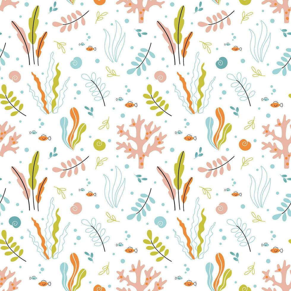 Summer marine seamless pattern with fishes, seaweeds, corals and seashells on a white background. Sea animals print for children's textiles, wallpapers vector