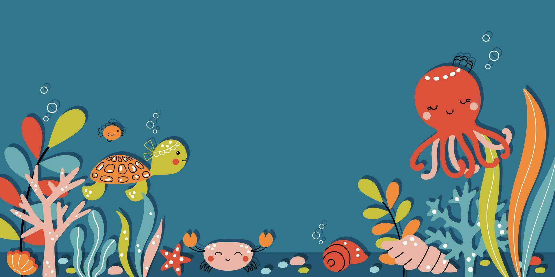 linda mar animales vector ilustración en Armada azul antecedentes. kawaii marina criaturas nadando submarino en coral arrecife en algas - pulpo, mar tortuga, cangrejo, pescado