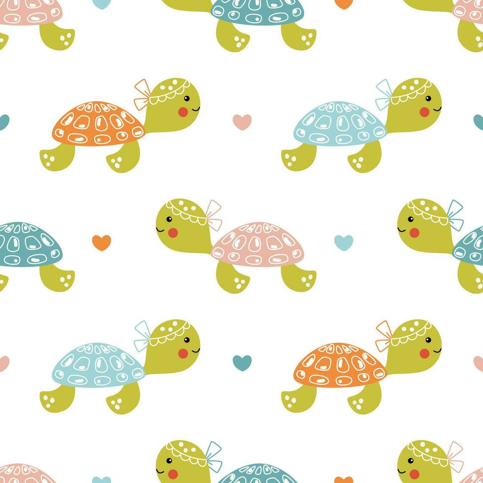 Cute summer pattern with baby sea turtles swimming underwater. Funny sea animals print for girls textile, wrapping paper vector