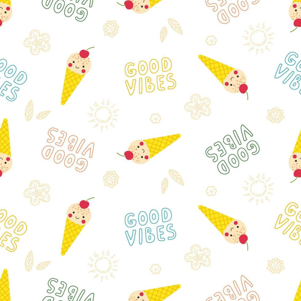 Funny summer print with cute smiling ice cream cones. Food print for kids textile, wrapping paper vector