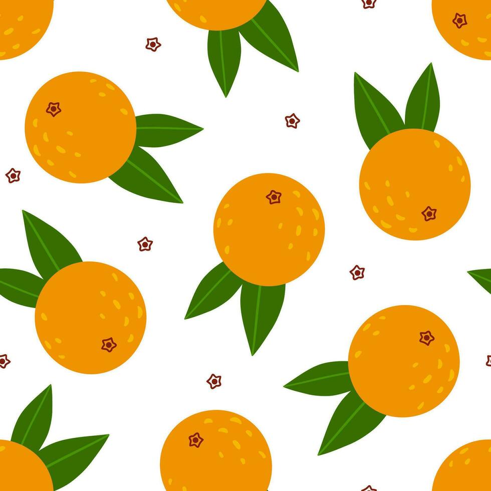 Cute summer tropical pattern with oranges on white background. Drawn in flat style citrus fruits in seamless vector print for female textile, wallpaper, kitchen fabric design