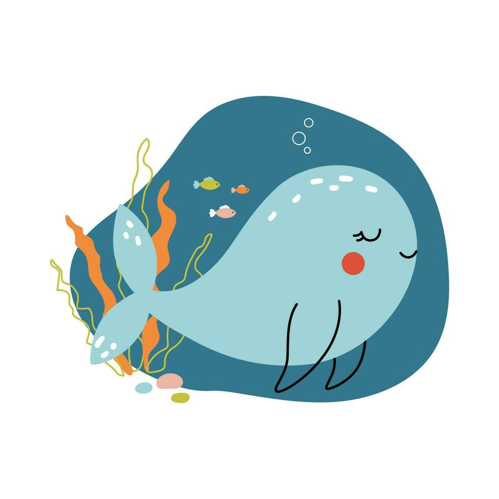 Cute baby blue whale. Funny vector underwater illustration with swimming sea animal drawn in cartoon style for printing on kids textile, cards, stickers