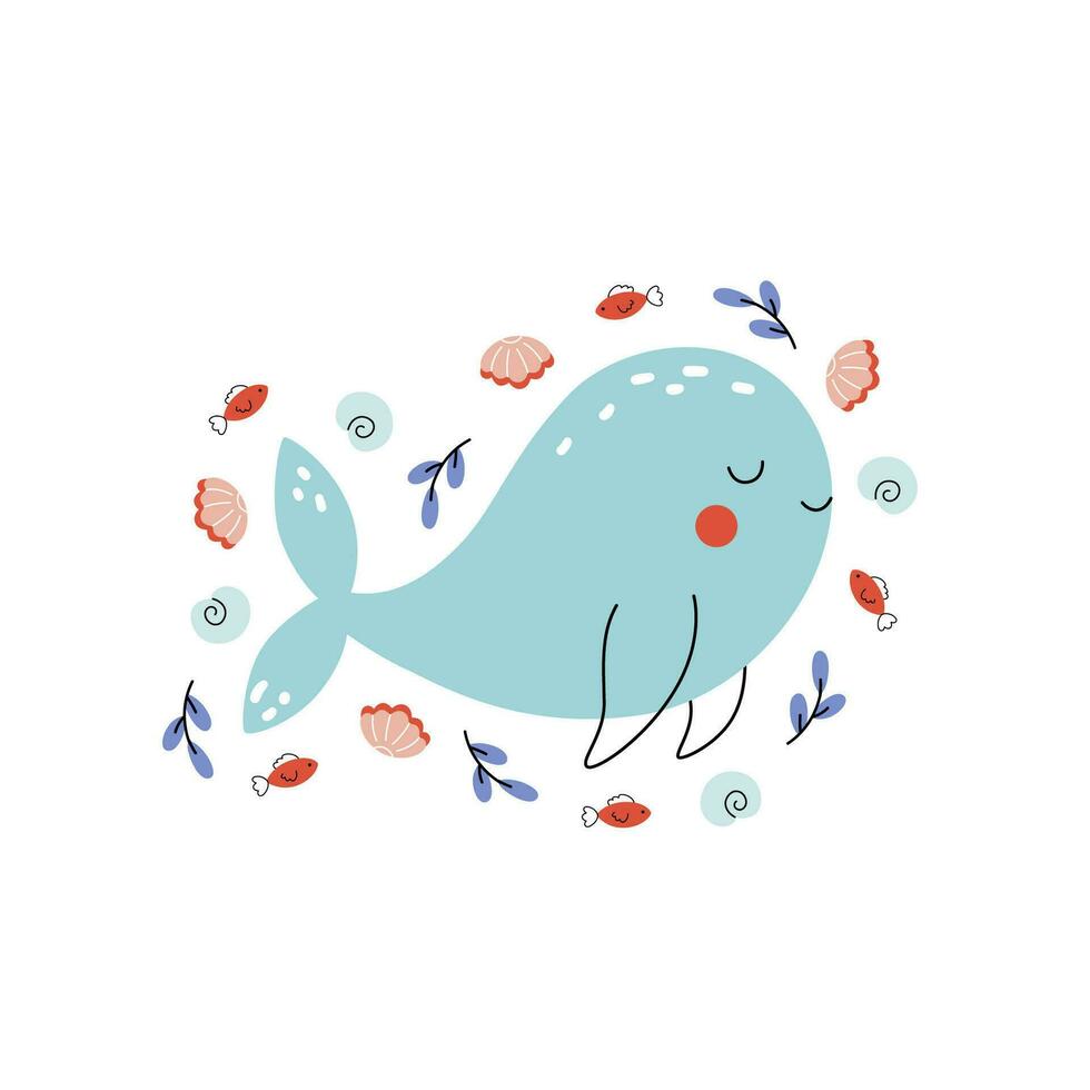 Cute baby whale swimming underwater. Seashells, fishes, plants. Funny summer sea animal vector illustration drawn in doodle style